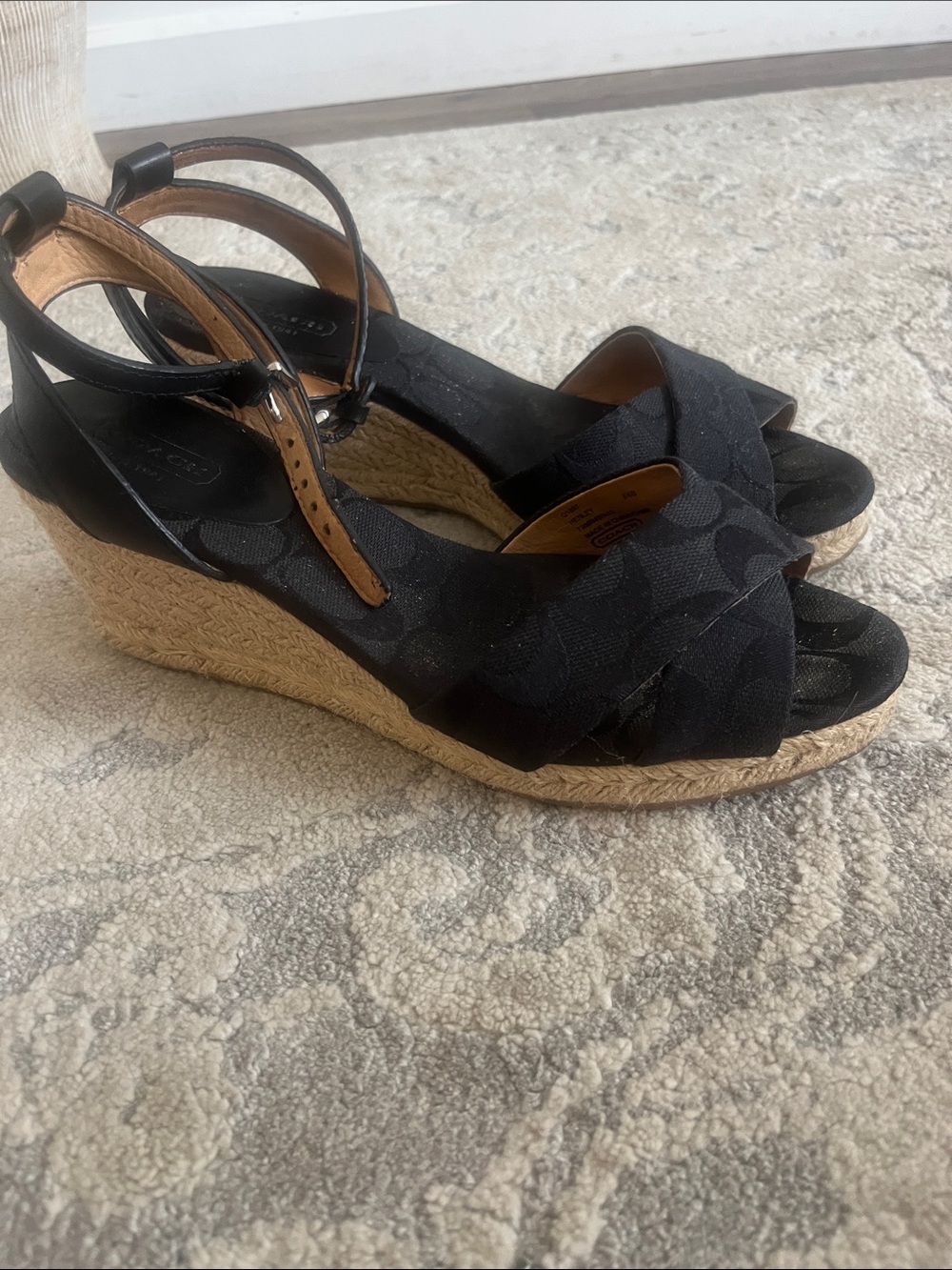 Coach Black Signature Canvas Espadrille Wedges with Ankle Strap